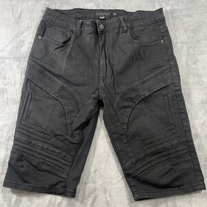 Decibel Mens Moto Denim Shorts Black Ribbed Biker Streetwear Size 38
